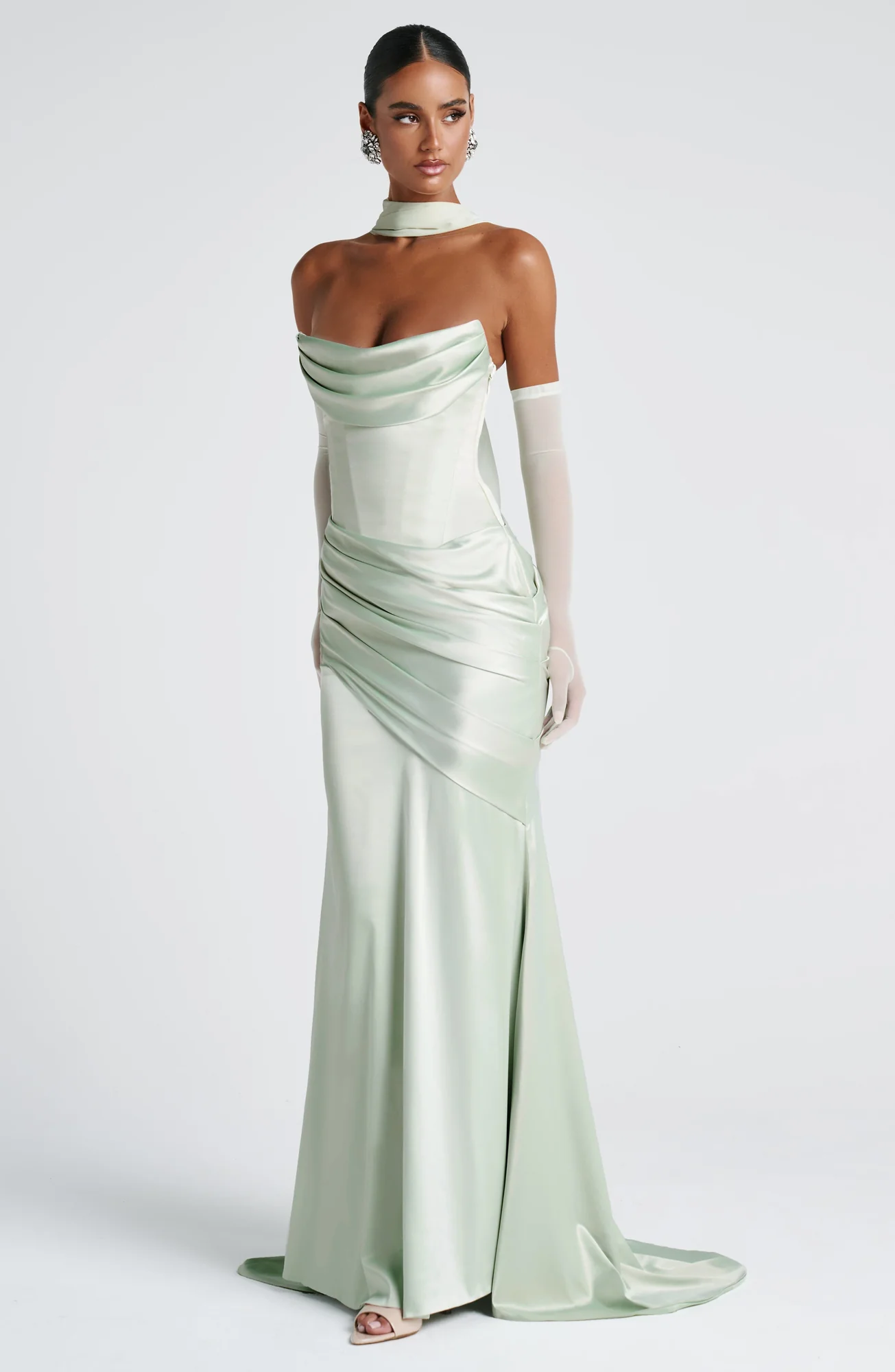 Mint Formal Satin Maxi Dress with Lace-Up Back