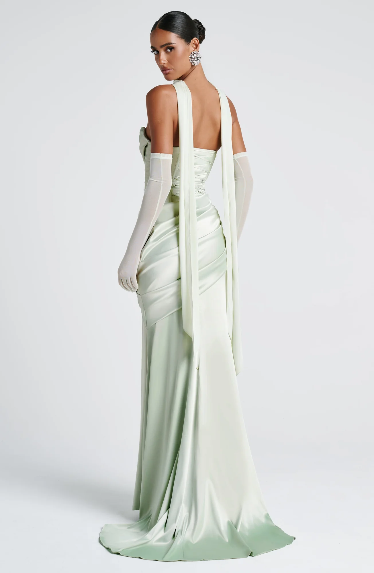 Mint Formal Satin Maxi Dress with Lace-Up Back