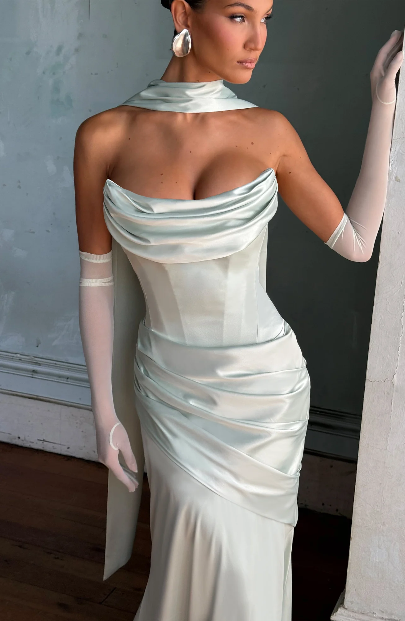 Mint Formal Satin Maxi Dress with Lace-Up Back