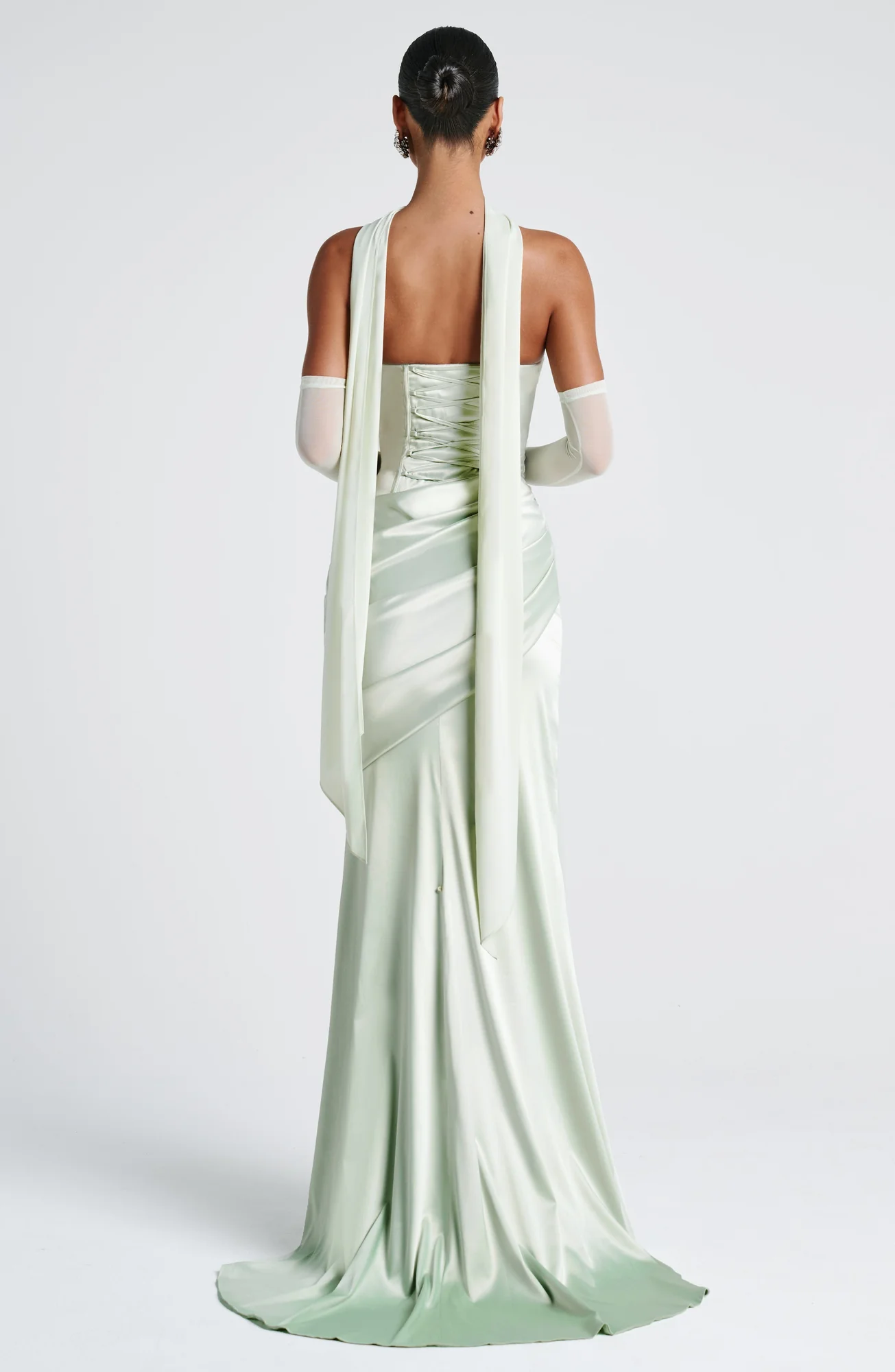 Mint Formal Satin Maxi Dress with Lace-Up Back