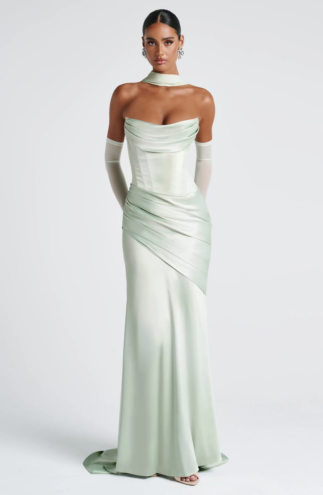 Mint Formal Satin Maxi Dress with Lace-Up Back