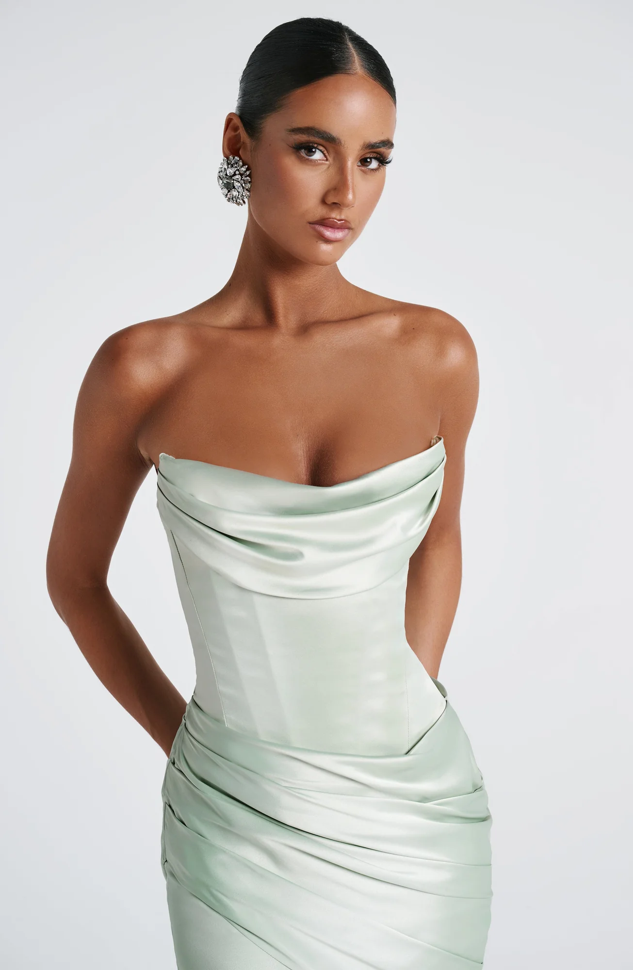 Mint Formal Satin Maxi Dress with Lace-Up Back