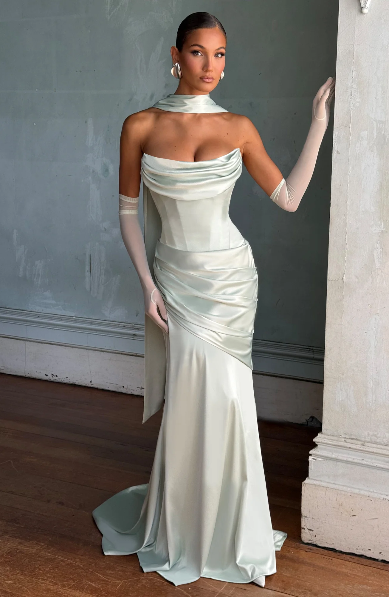 Mint Formal Satin Maxi Dress with Lace-Up Back