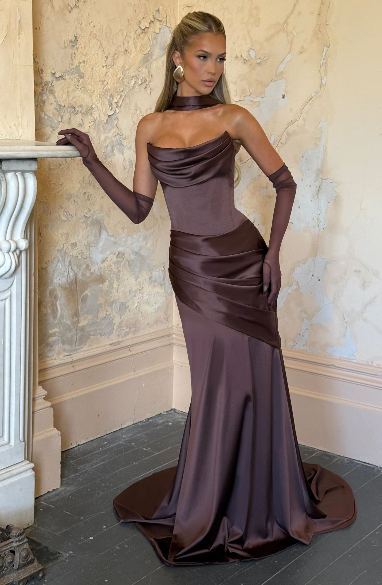 Plum Brown Satin Maxi Dress with Boned Bodice - Elegant Formal Gown