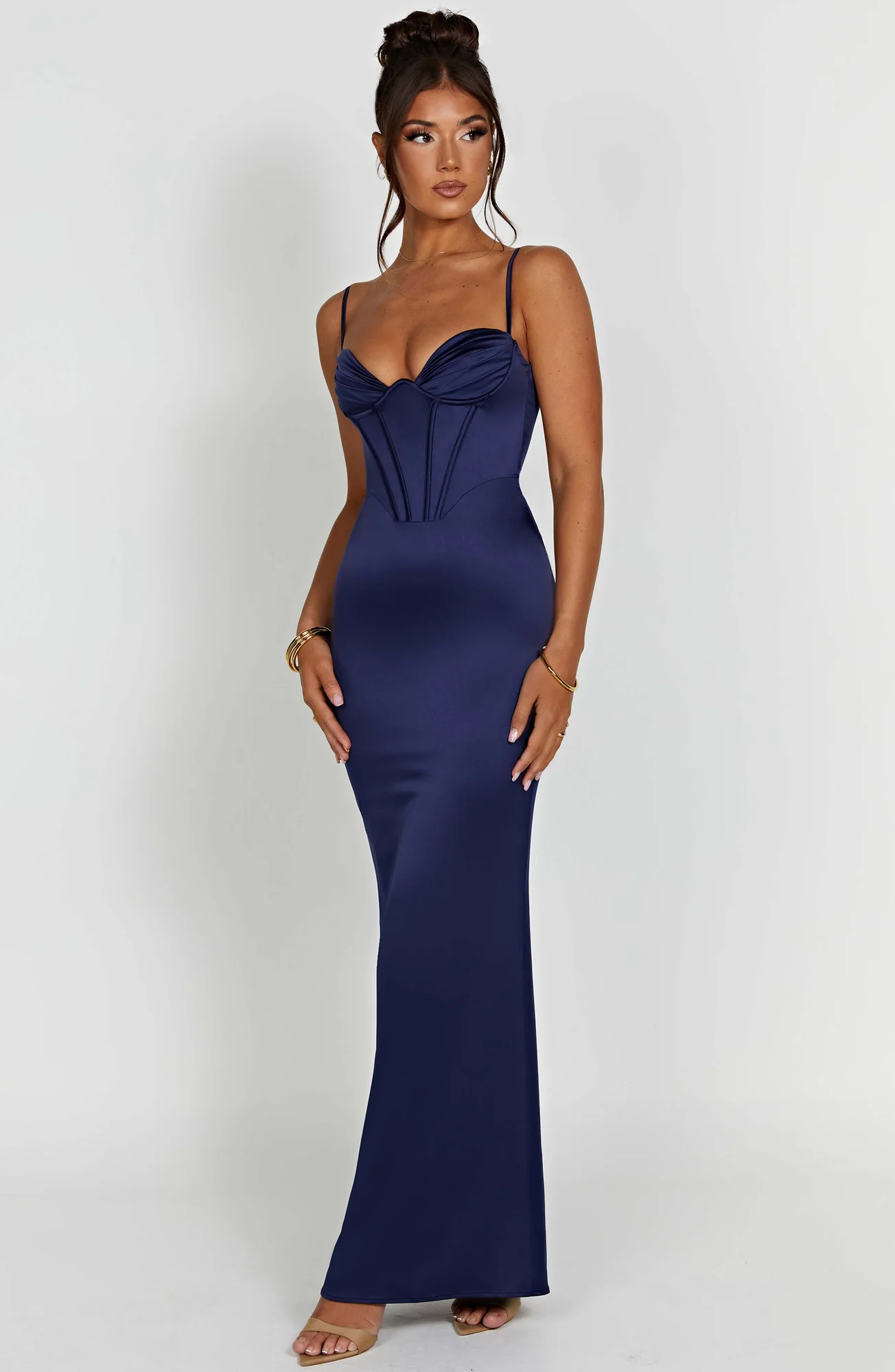 Navy Satin Maxi Dress with Corseted Bodice