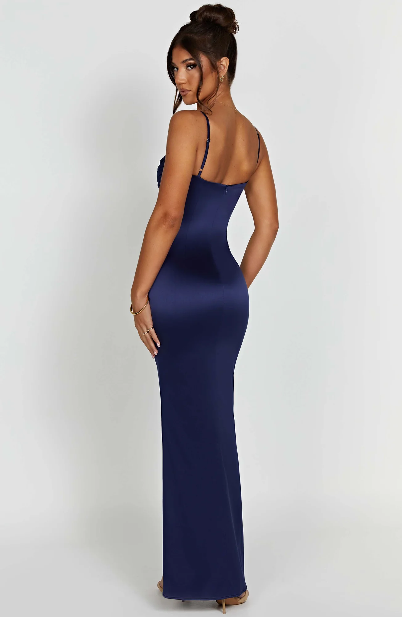 Navy Satin Maxi Dress with Corseted Bodice