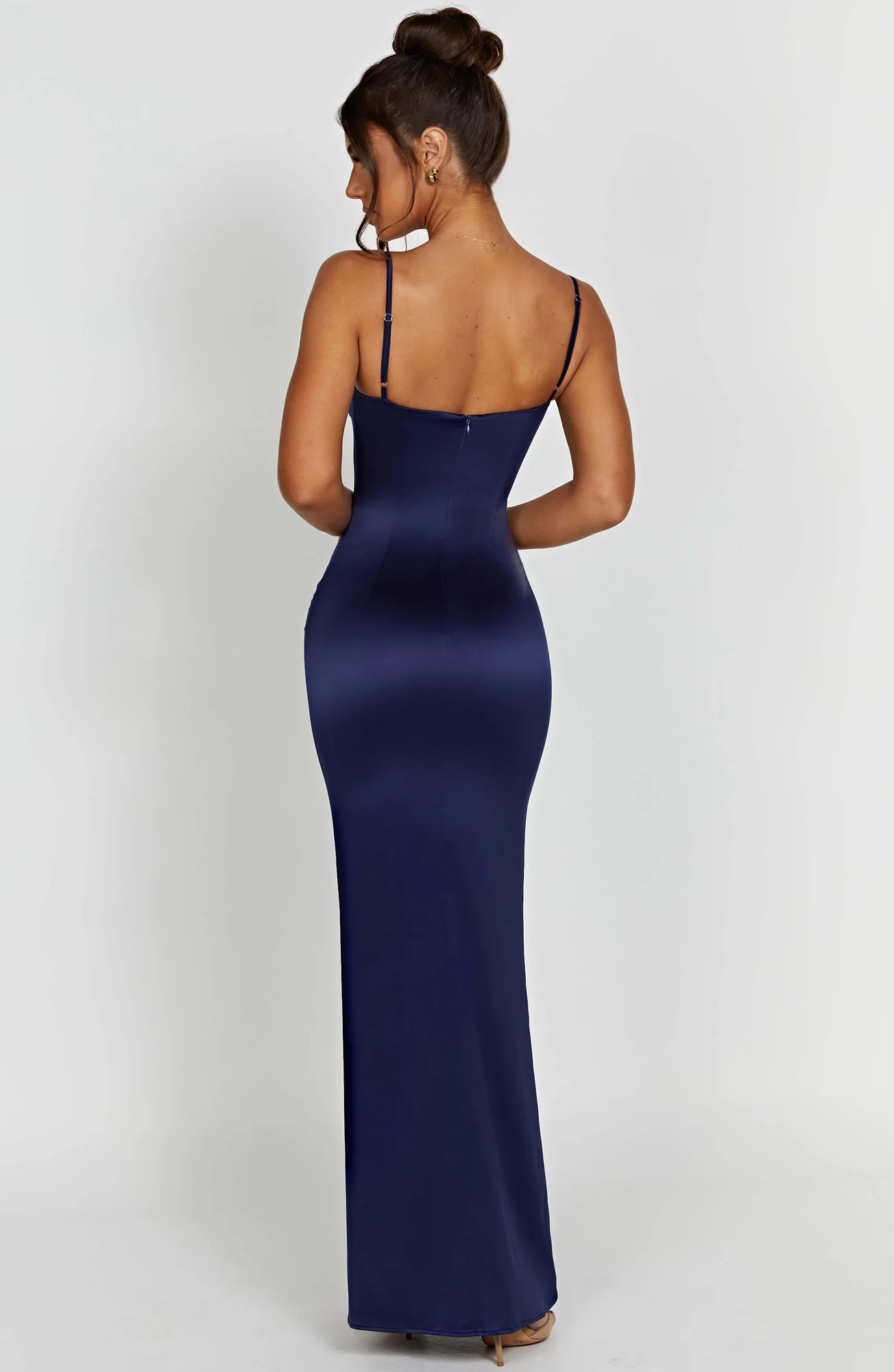 Navy Satin Maxi Dress with Corseted Bodice