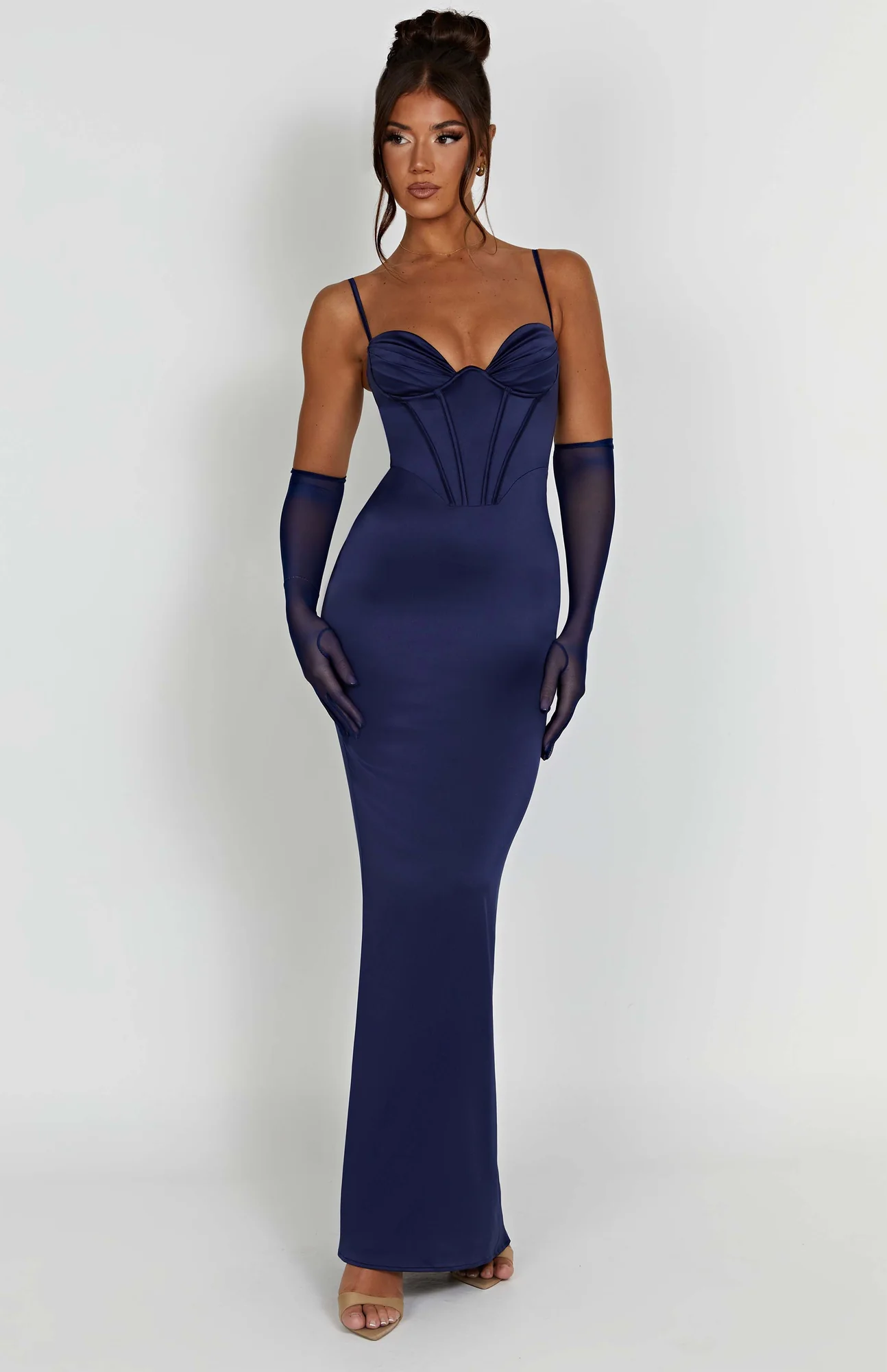 Navy Satin Maxi Dress with Corseted Bodice