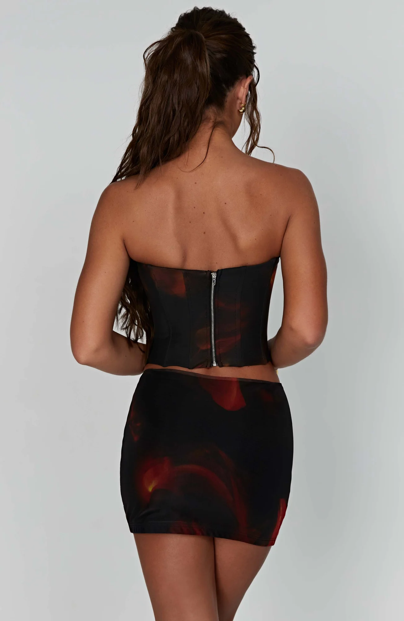 Printed Mesh Corset Top in Fire Print