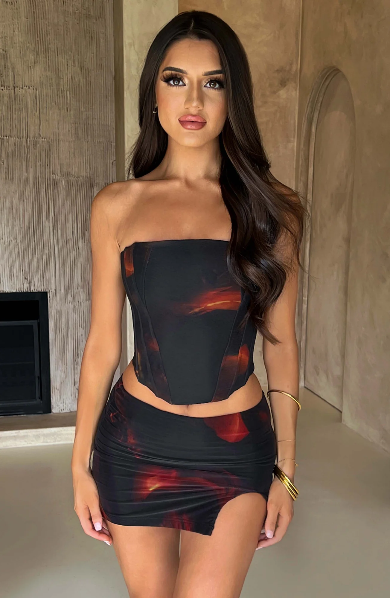 Printed Mesh Corset Top in Fire Print