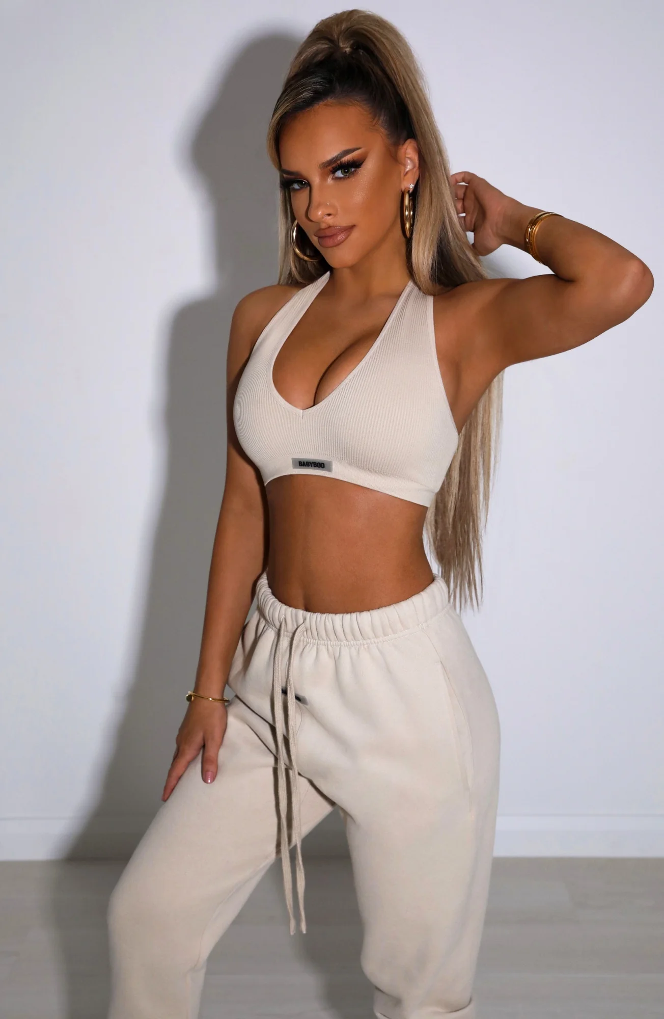 Neutral Ribbed Halter Neck Crop Top with Babyboo Logo