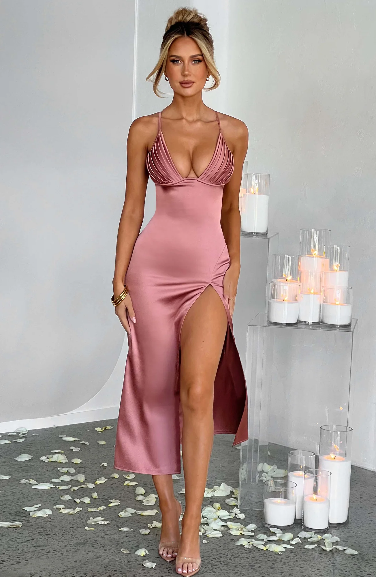 Rose Pink Satin Midi Dress with Plunge Neckline