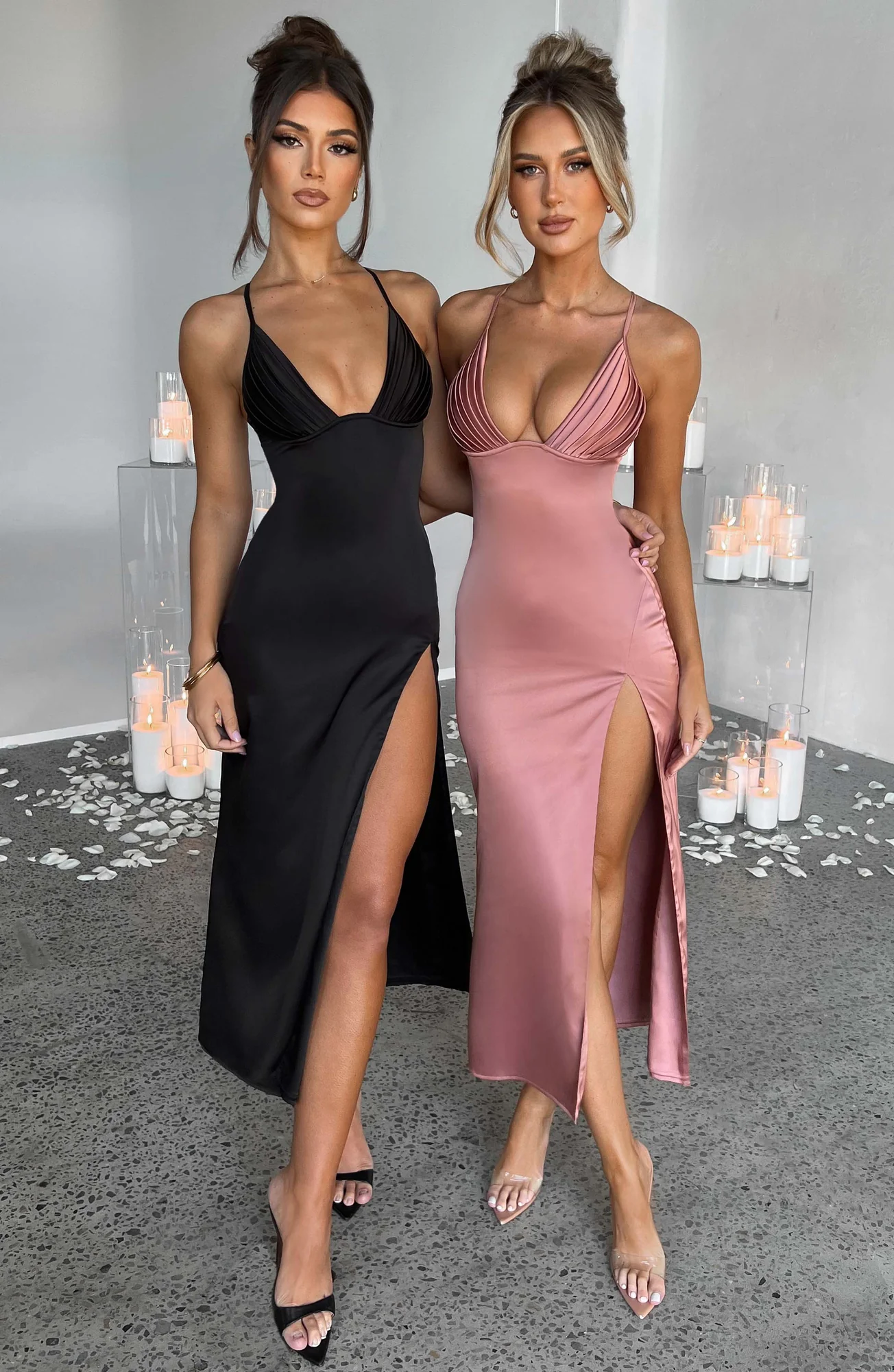 Rose Pink Satin Midi Dress with Plunge Neckline