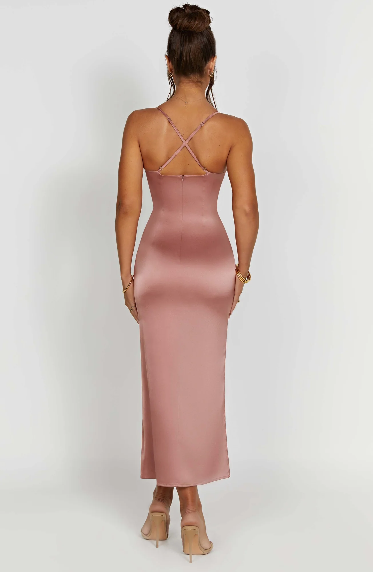 Rose Pink Satin Midi Dress with Plunge Neckline