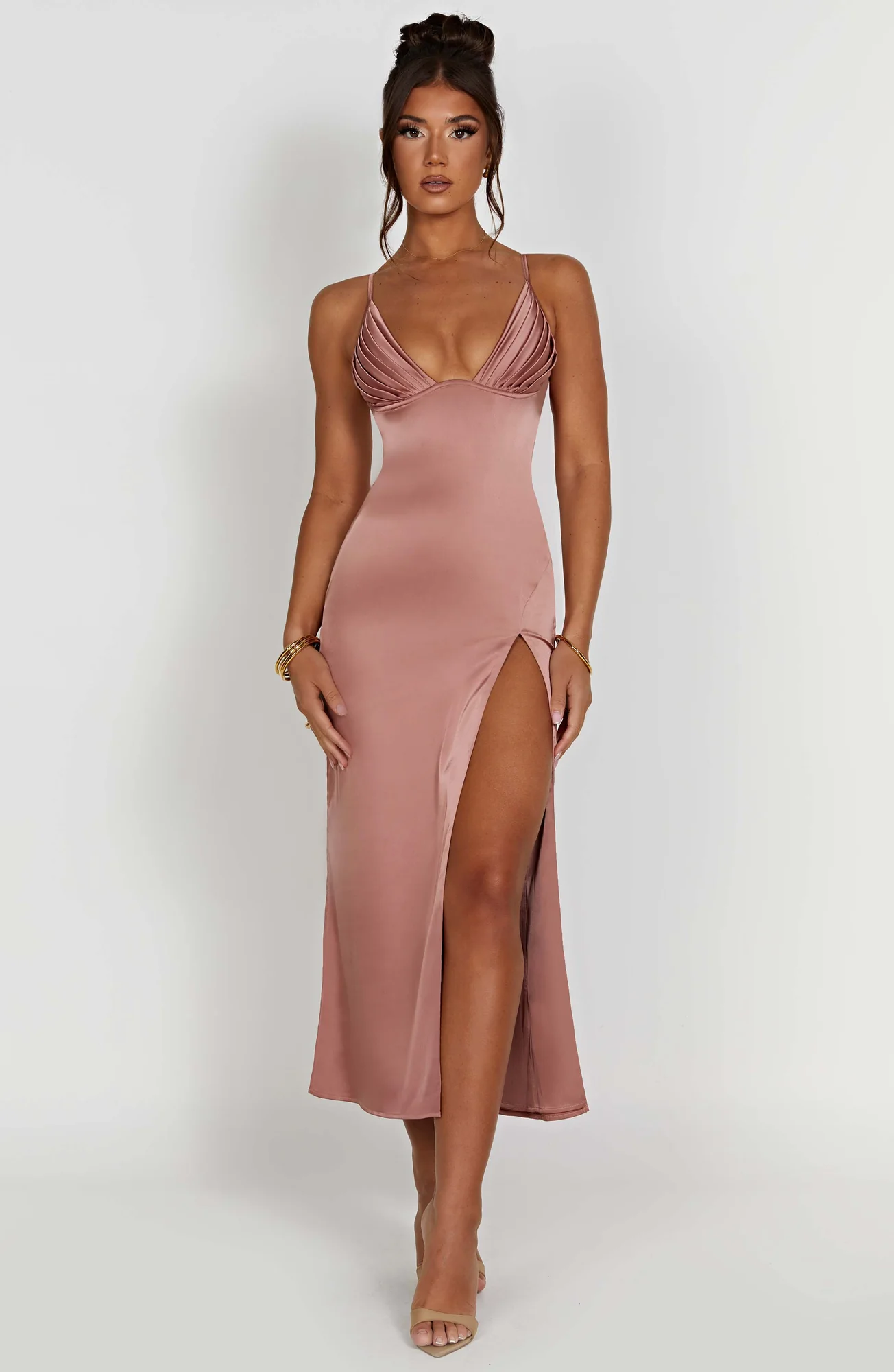 Rose Pink Satin Midi Dress with Plunge Neckline