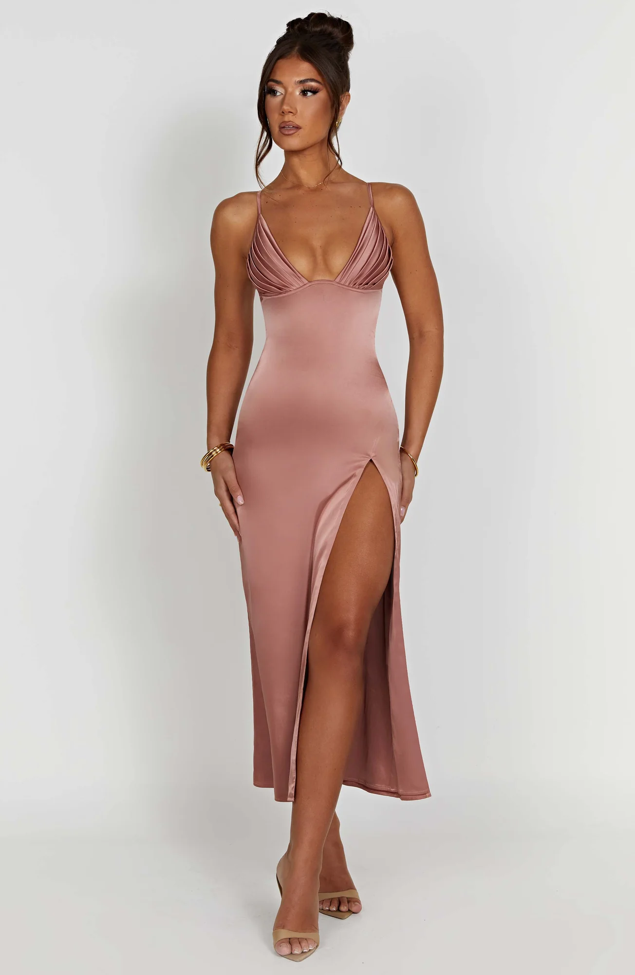 Rose Pink Satin Midi Dress with Plunge Neckline