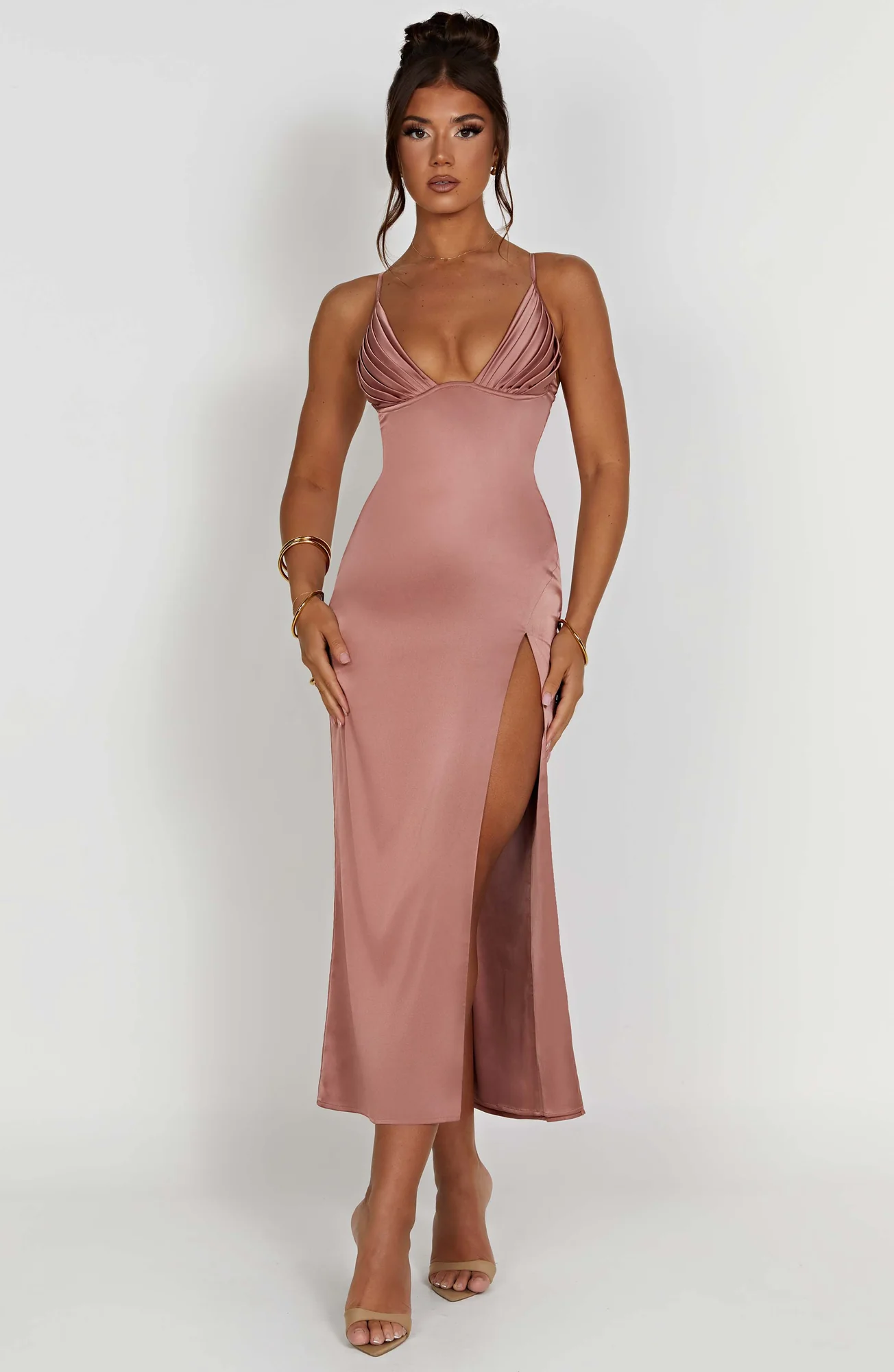 Rose Pink Satin Midi Dress with Plunge Neckline