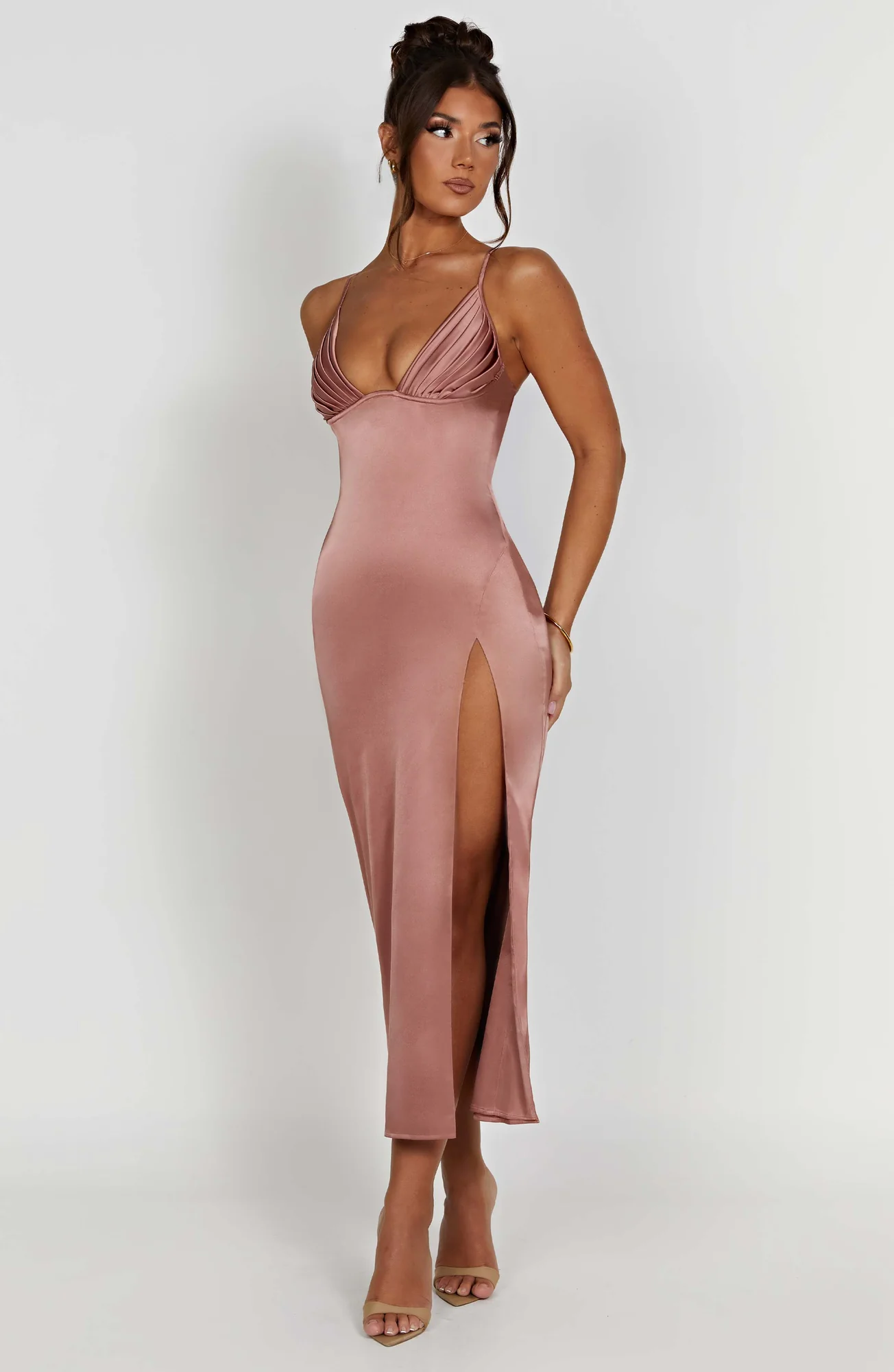 Rose Pink Satin Midi Dress with Plunge Neckline