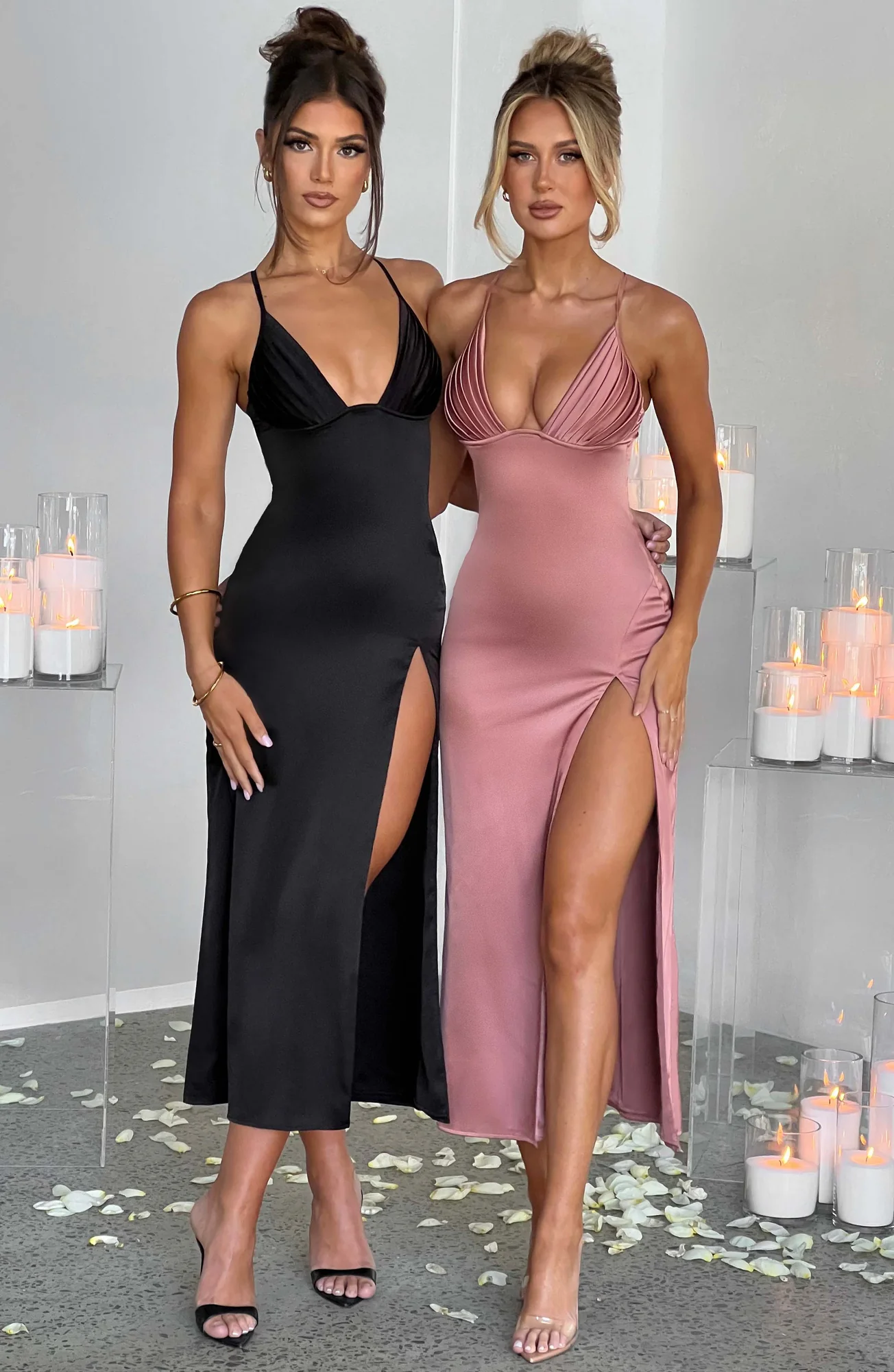 Rose Pink Satin Midi Dress with Plunge Neckline