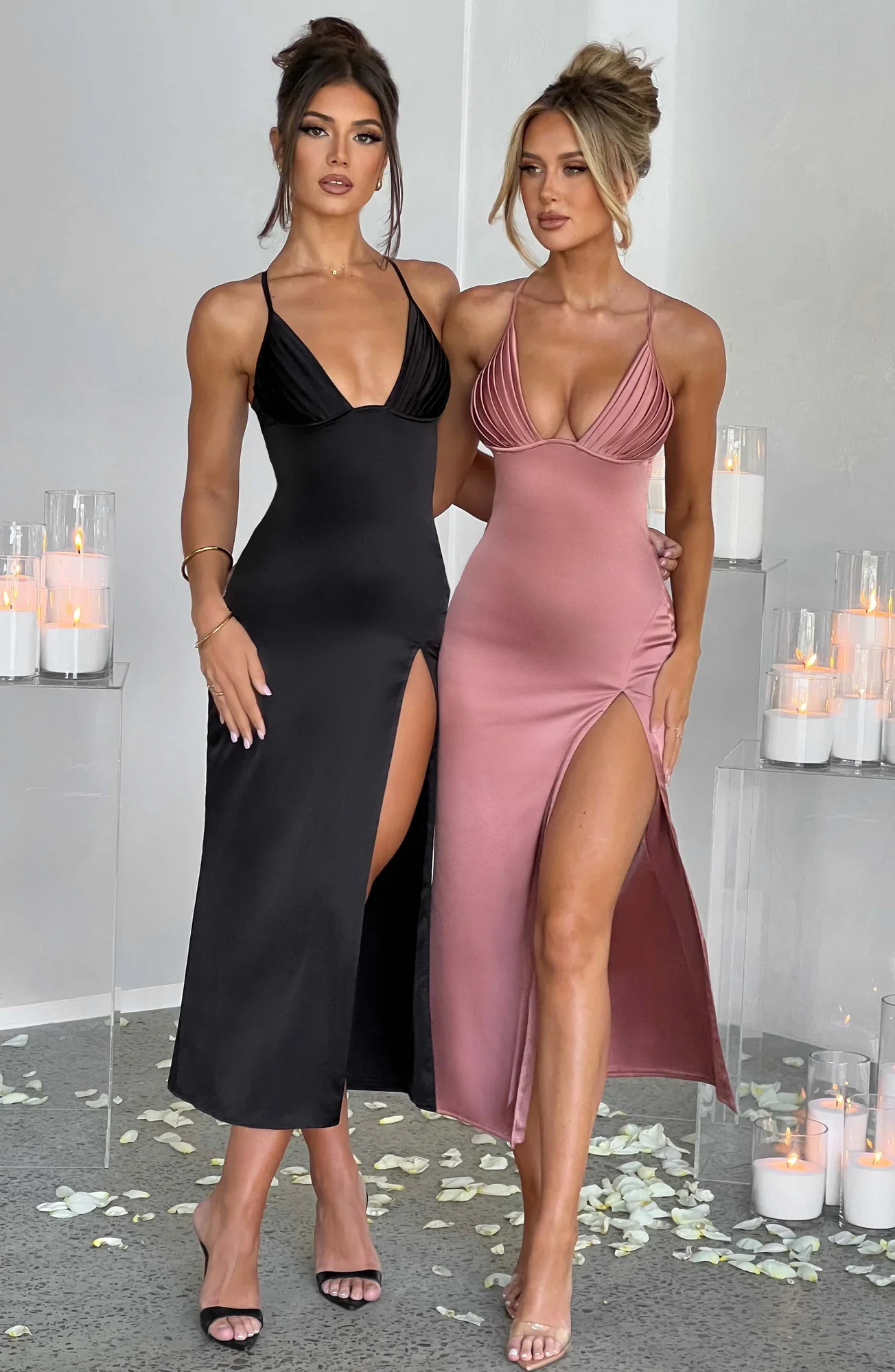 Rose Pink Satin Midi Dress with Plunge Neckline