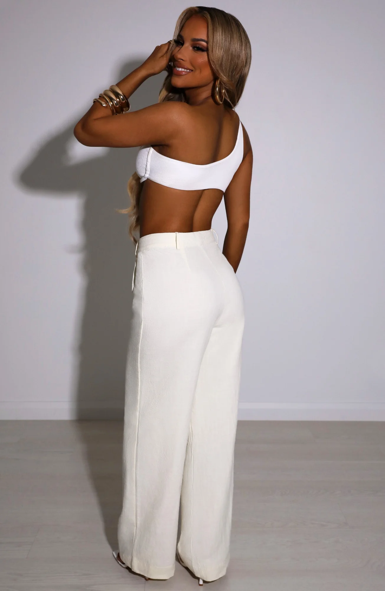 Cream Linen Cotton Wide Leg Pants with Belt Loops and Zip Closure