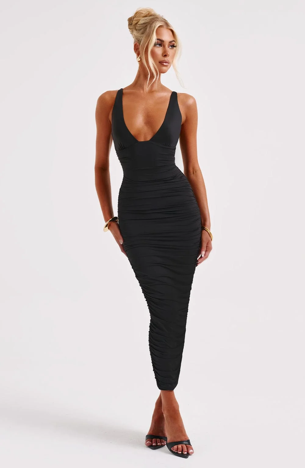 Sleek Black Maxi Dress with Plunge Neckline
