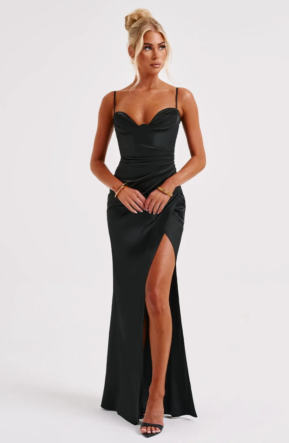 Black Sleek Satin Maxi Dress with Plunge Neckline