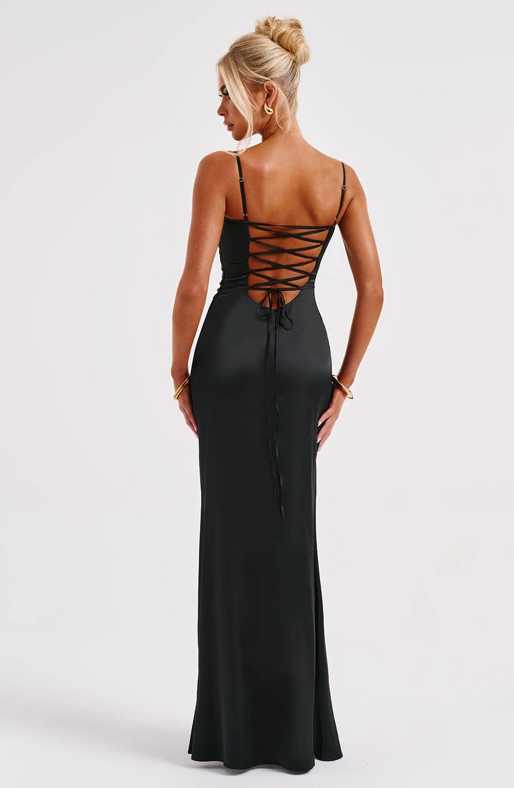 Black Sleek Satin Maxi Dress with Plunge Neckline
