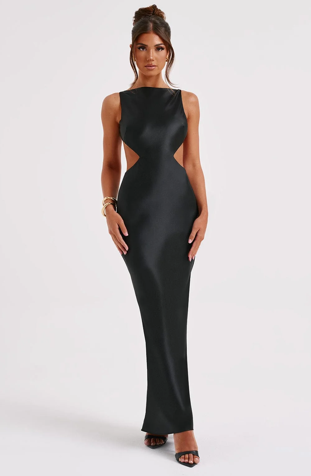 Black Satin Maxi Dress - High Neck Back Cut Out
