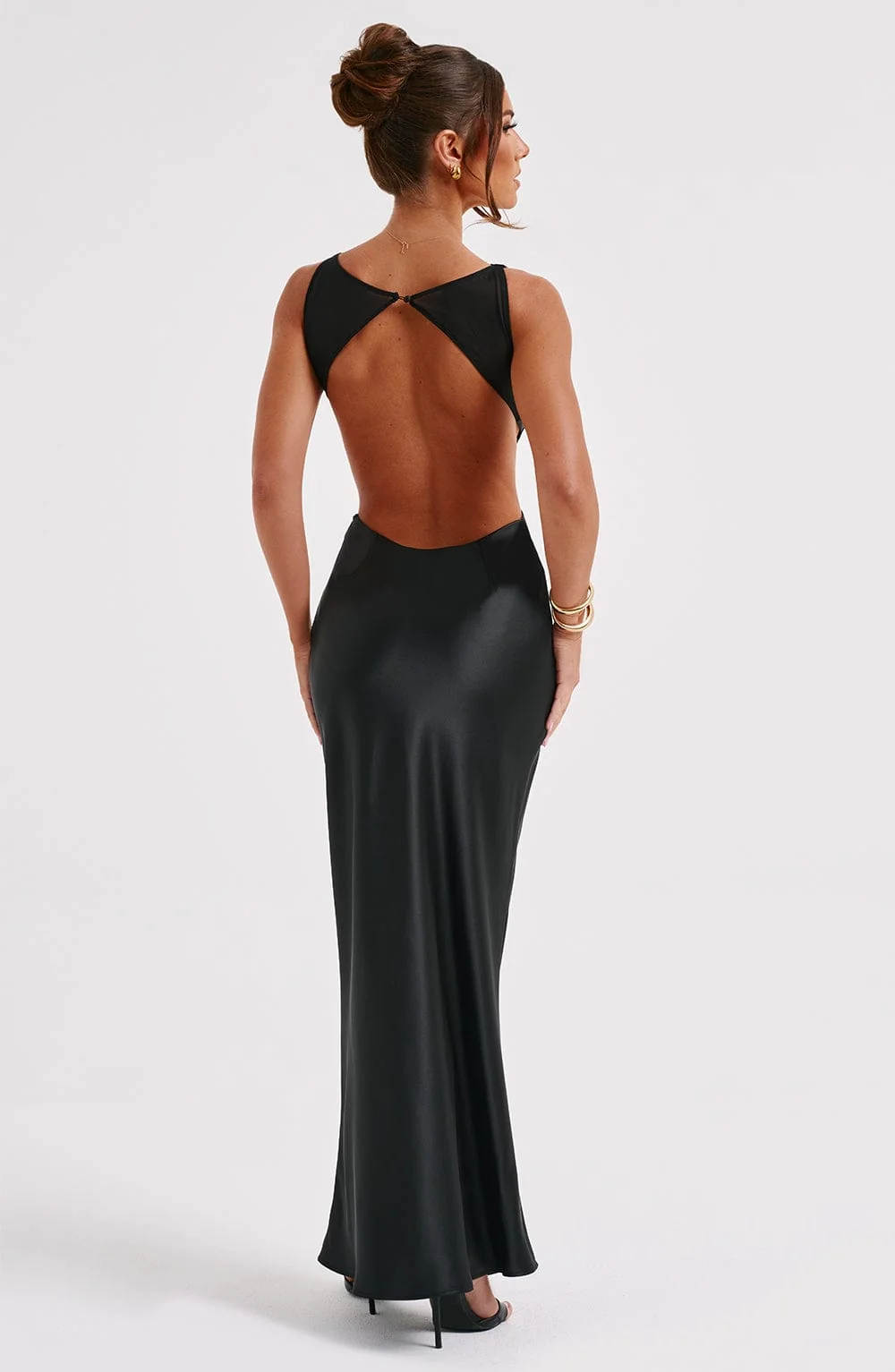 Black Satin Maxi Dress - High Neck Back Cut Out