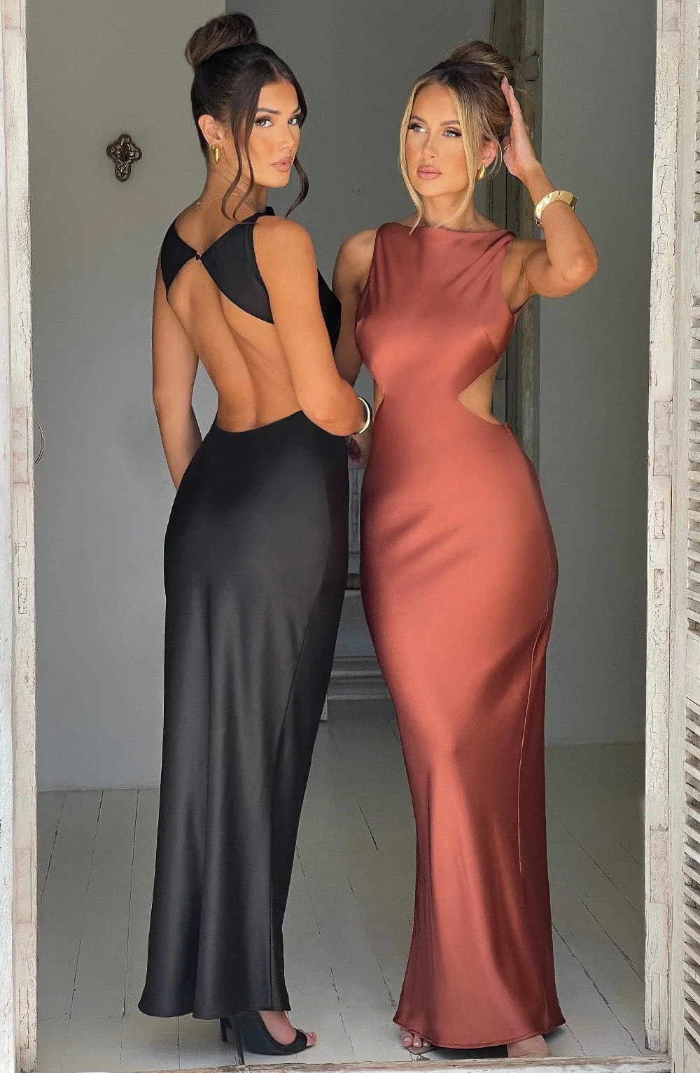 Black Satin Maxi Dress - High Neck Back Cut Out