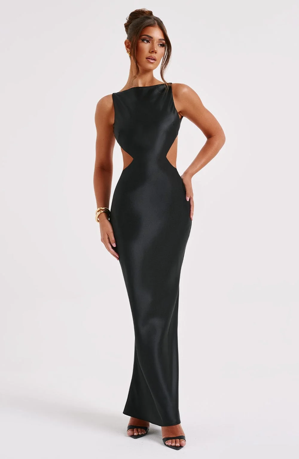 Black Satin Maxi Dress - High Neck Back Cut Out