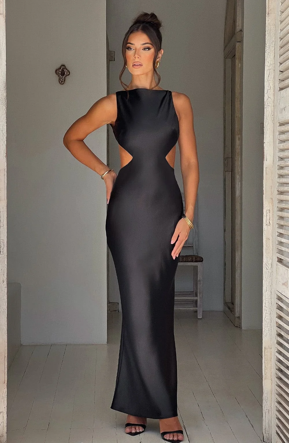 Black Satin Maxi Dress - High Neck Back Cut Out