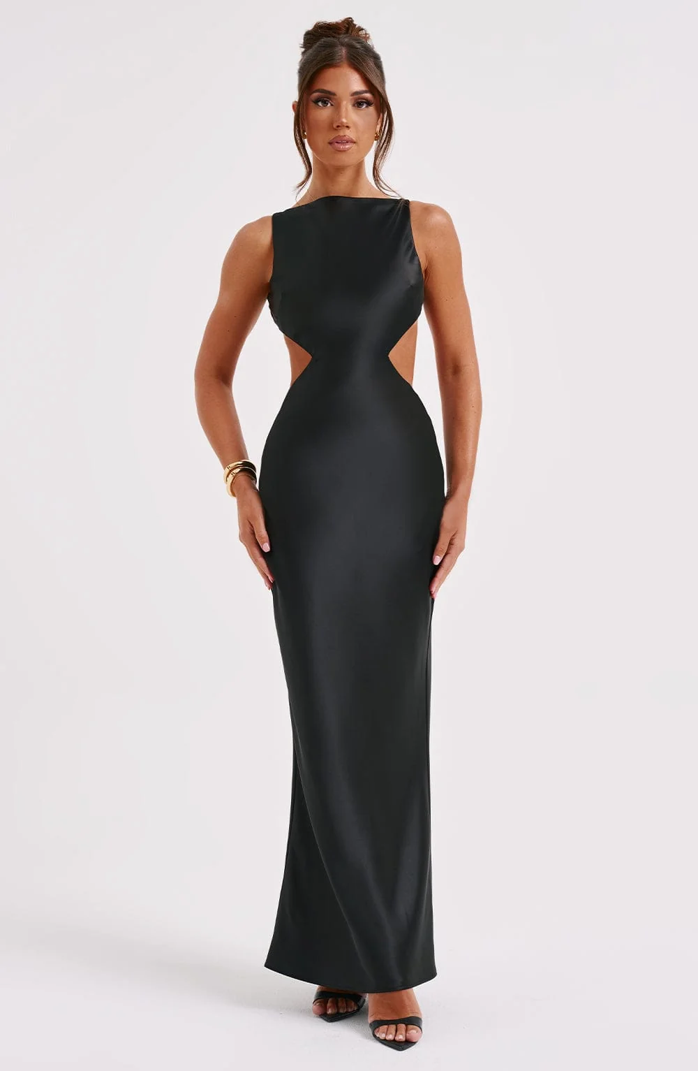 Black Satin Maxi Dress - High Neck Back Cut Out