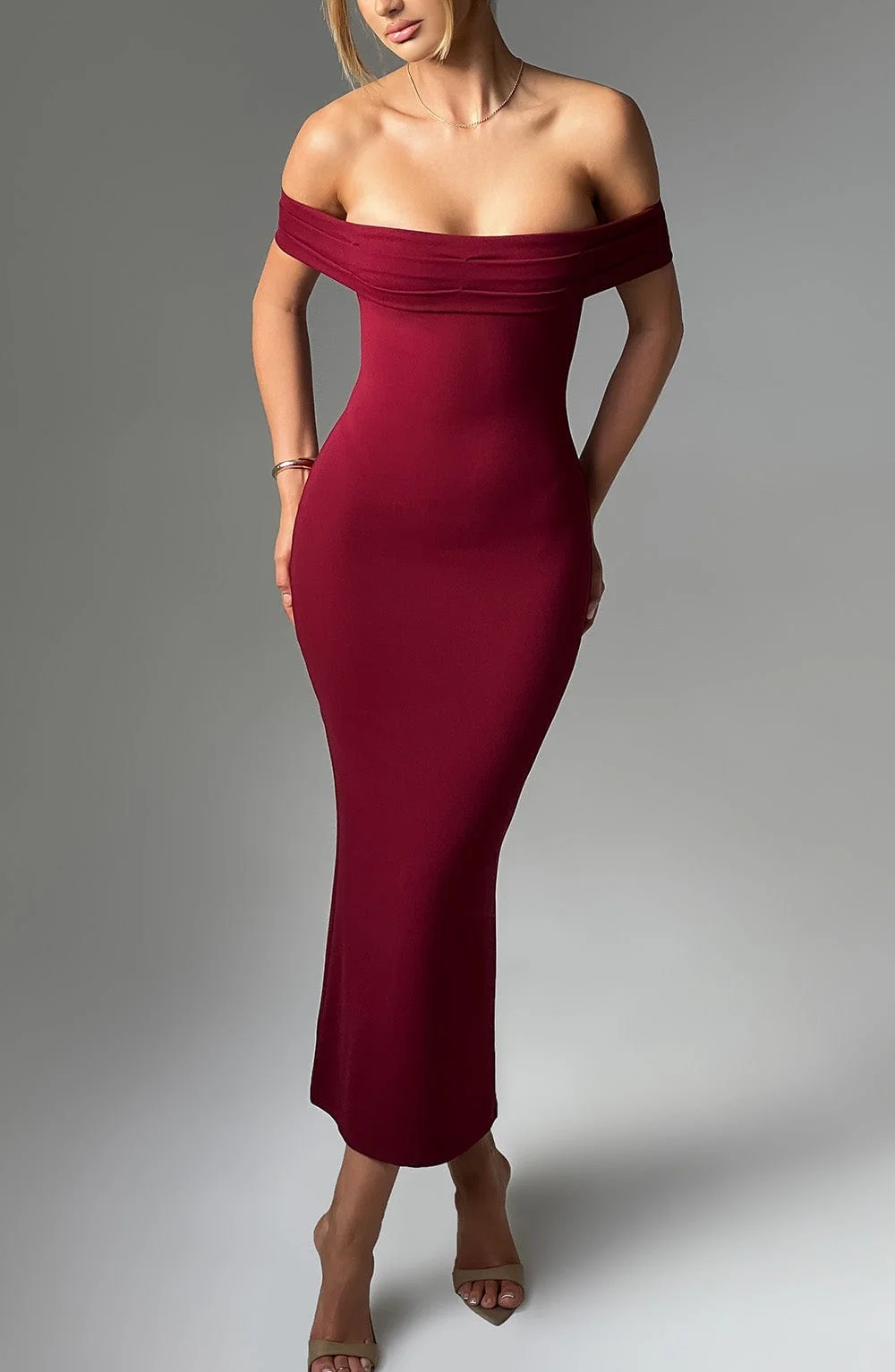 Burgundy Fit and Flare Midi Dress