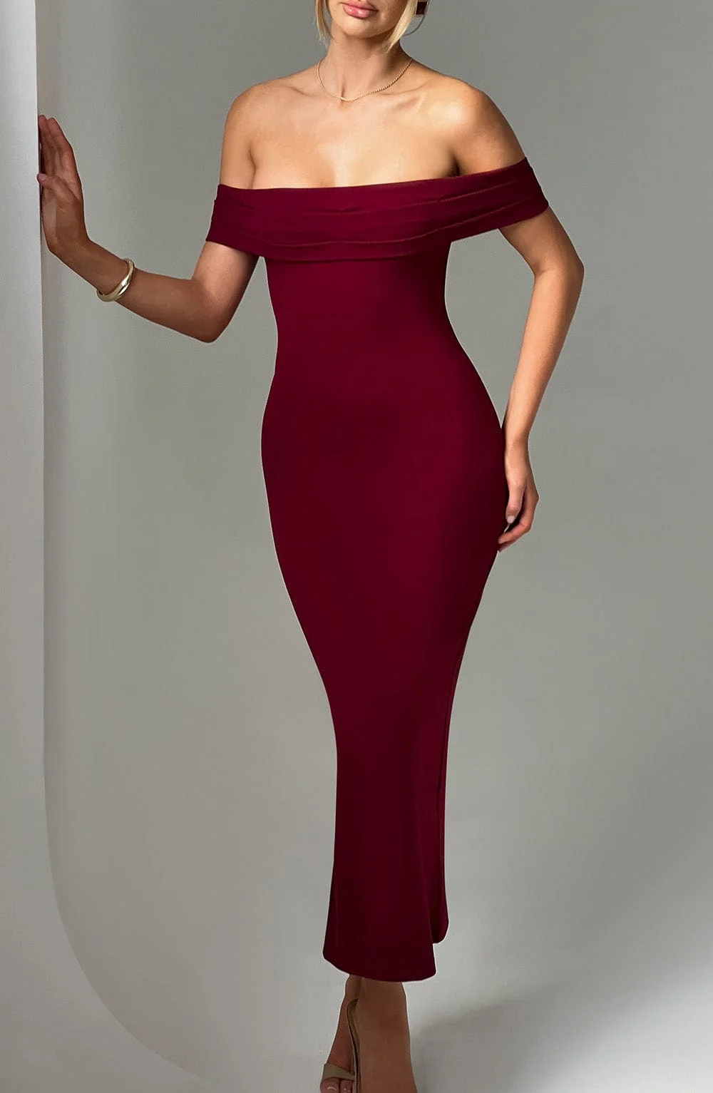 Burgundy Fit and Flare Midi Dress
