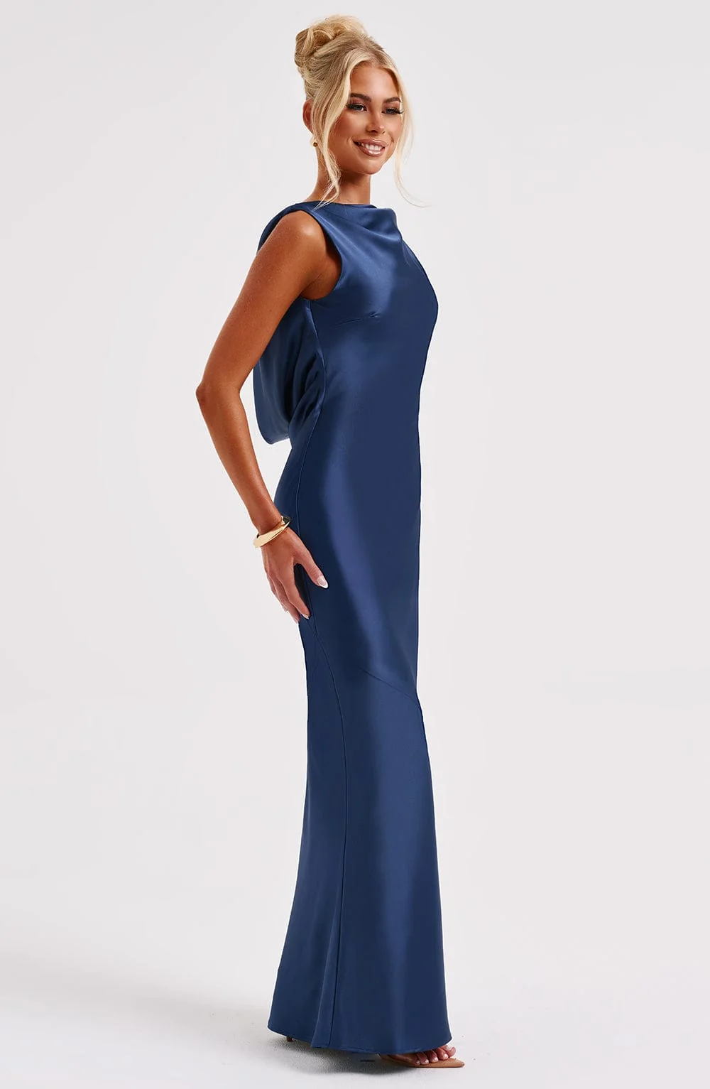 Navy Satin Maxi Dress with Cut Out Back - Elegant Style