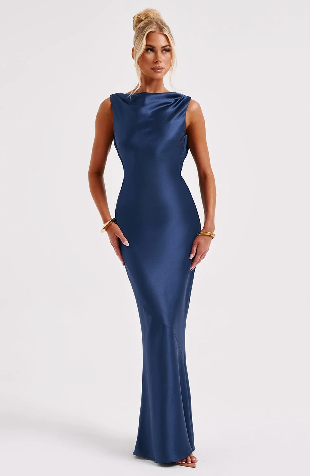 Navy Satin Maxi Dress with Cut Out Back - Elegant Style