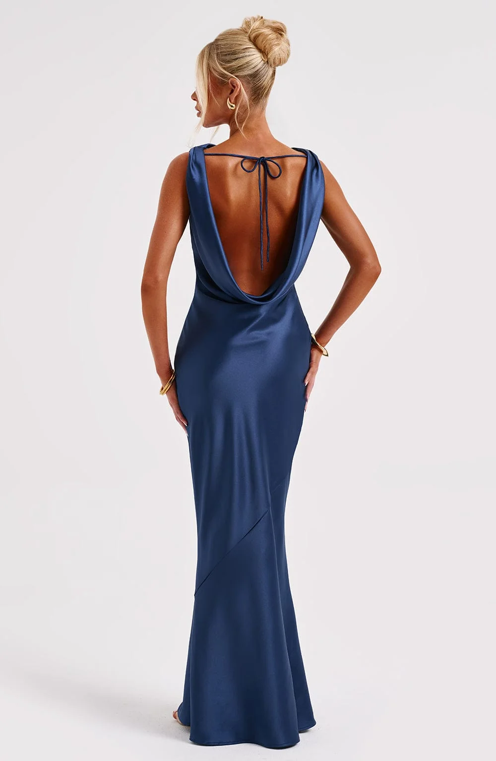 Navy Satin Maxi Dress with Cut Out Back - Elegant Style