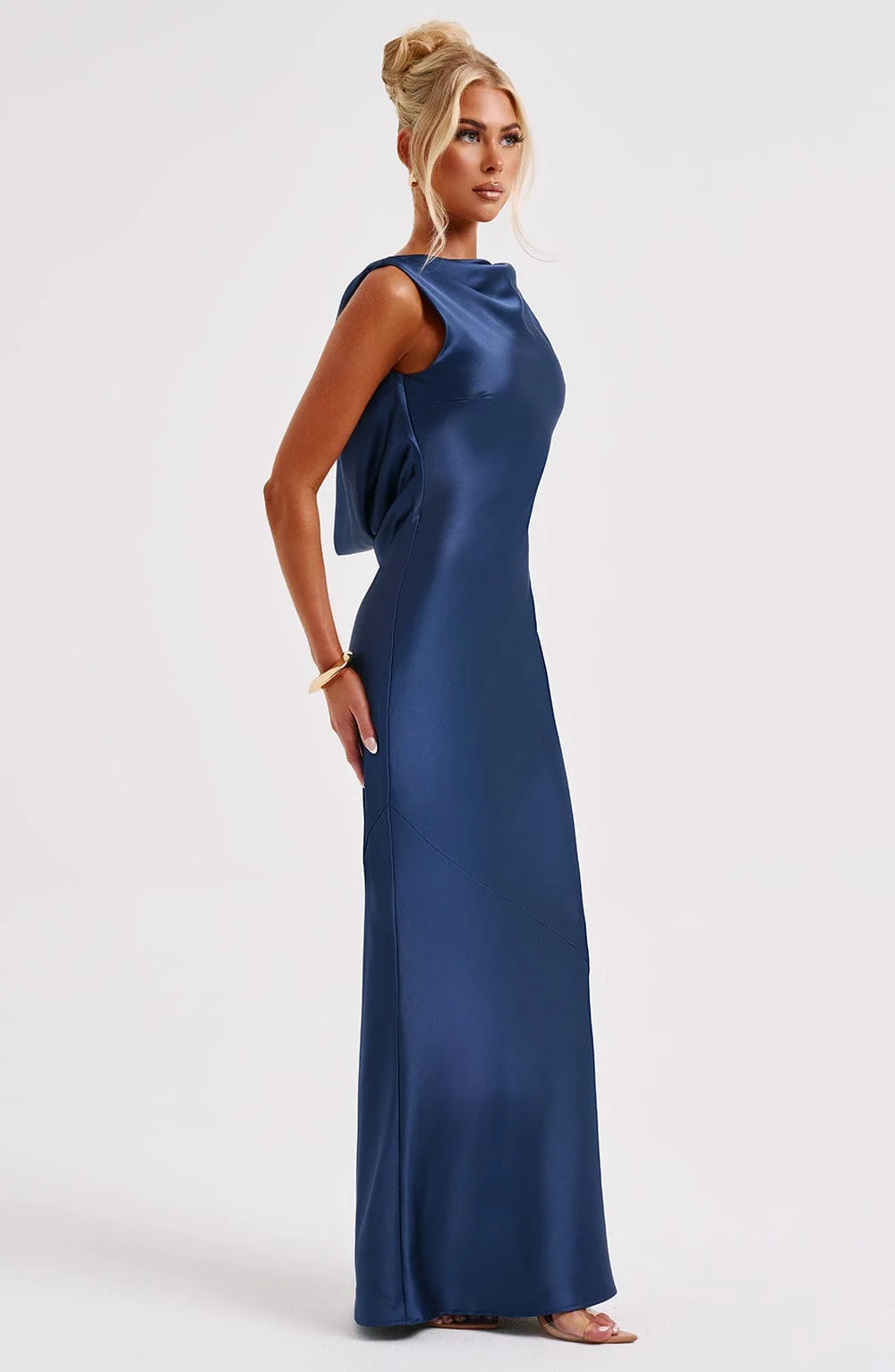 Navy Satin Maxi Dress with Cut Out Back - Elegant Style