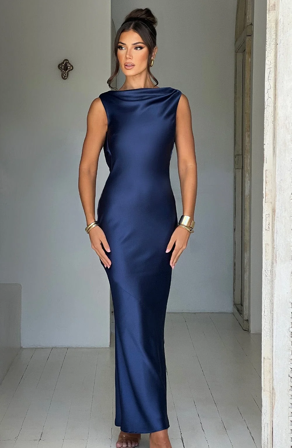 Navy Satin Maxi Dress with Cut Out Back - Elegant Style