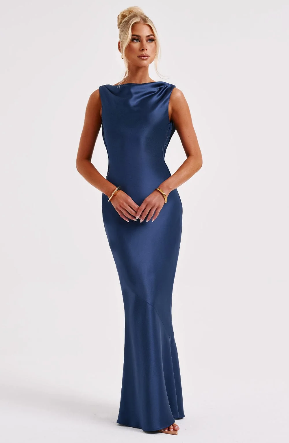 Navy Satin Maxi Dress with Cut Out Back - Elegant Style