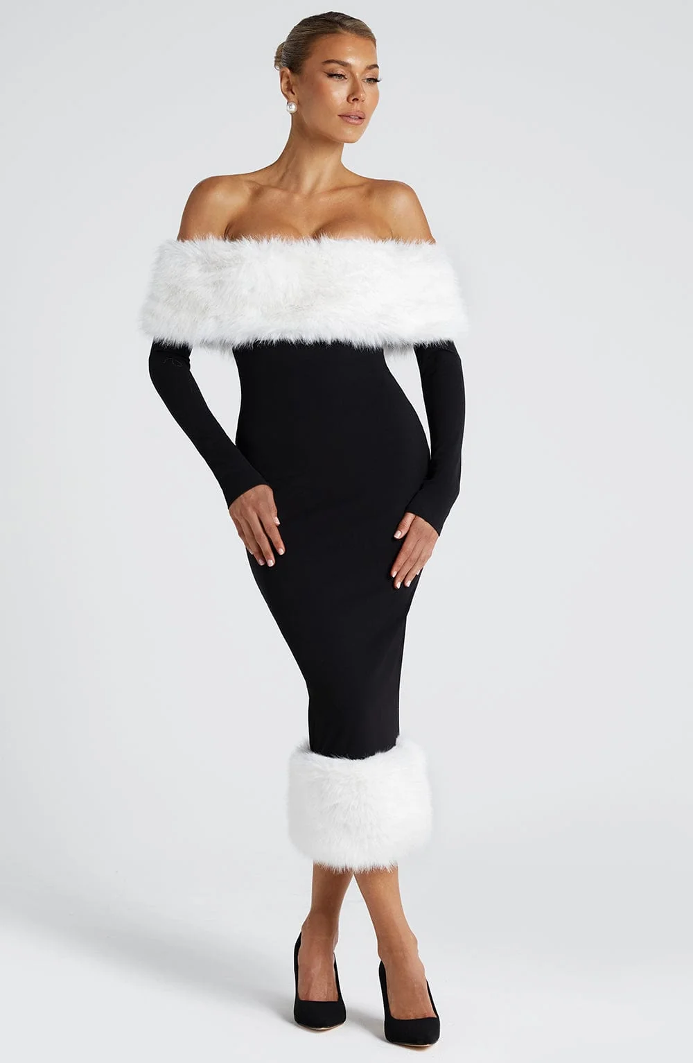 Elegant Black White Stretch Crepe Bardot Midi Dress