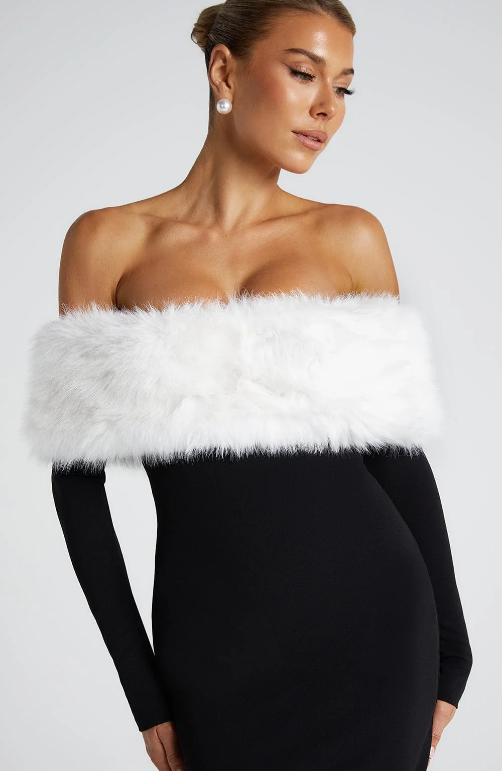 Elegant Black White Stretch Crepe Bardot Midi Dress