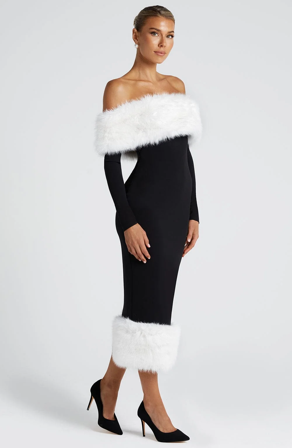 Elegant Black White Stretch Crepe Bardot Midi Dress