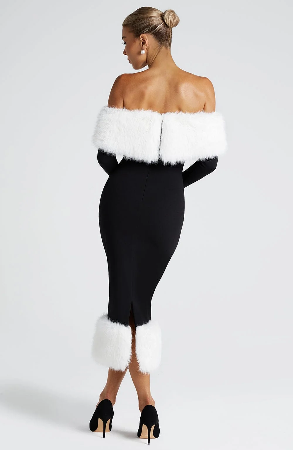 Elegant Black White Stretch Crepe Bardot Midi Dress