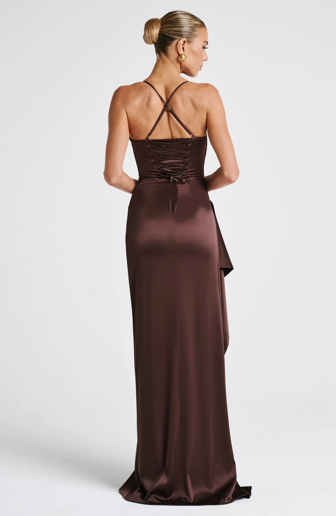 Plum Brown Satin Twist Cowl Maxi Dress