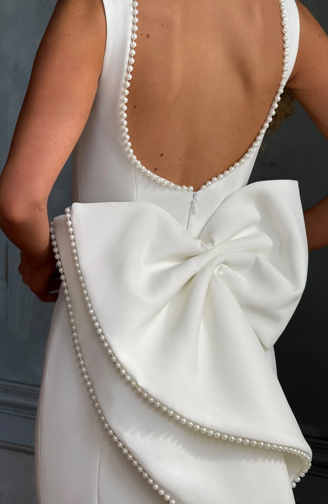 Ivory Crepe Lana Midaxi Dress with Pearl Trim - Elegant Statement Piece