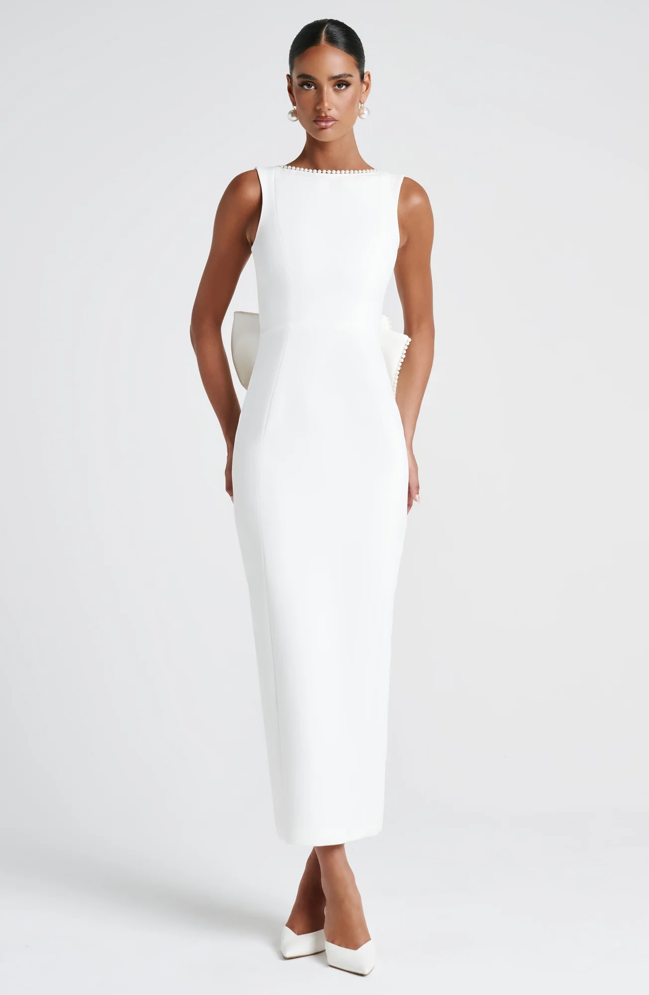Ivory Crepe Lana Midaxi Dress with Pearl Trim - Elegant Statement Piece