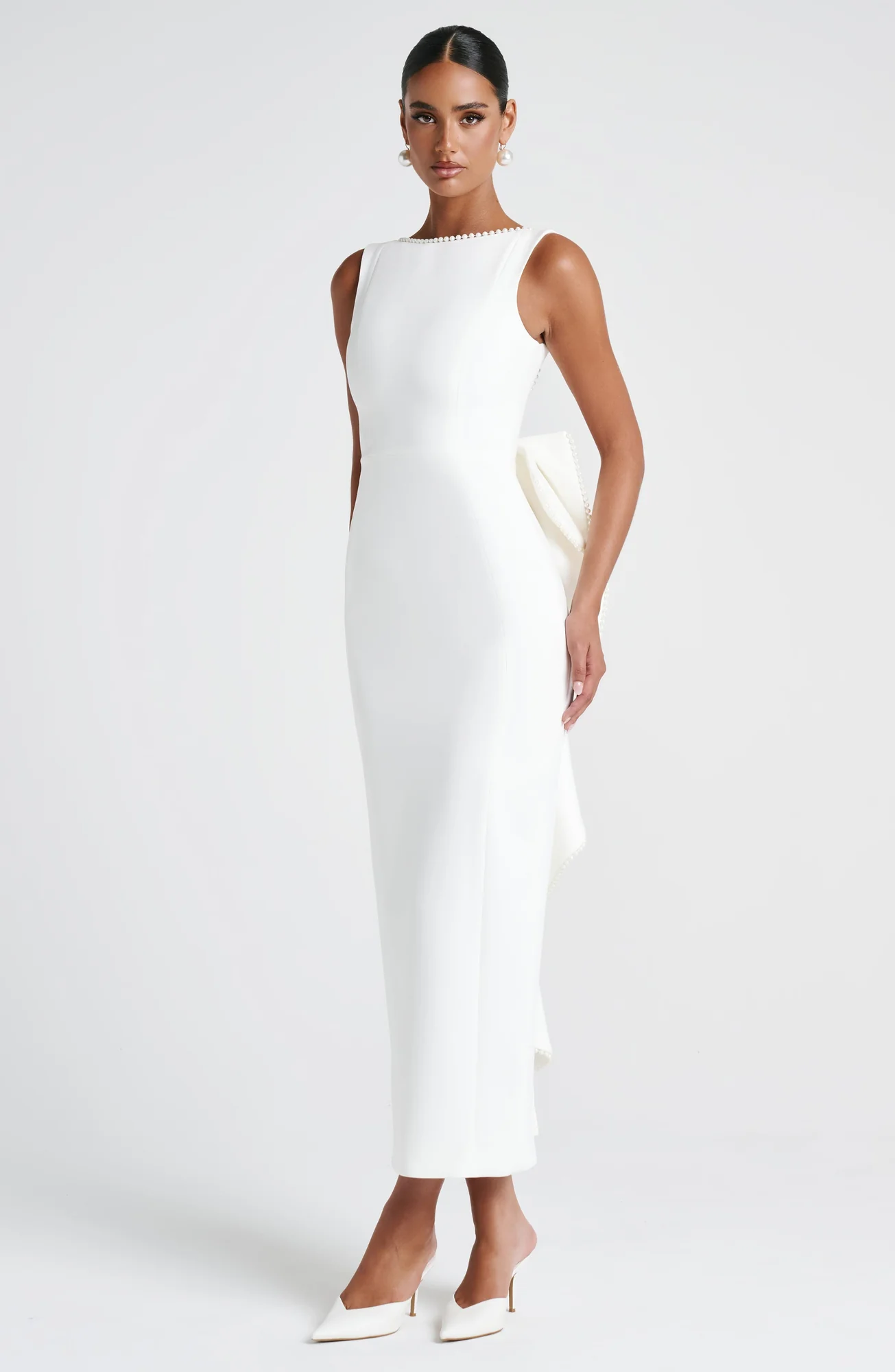Ivory Crepe Lana Midaxi Dress with Pearl Trim - Elegant Statement Piece